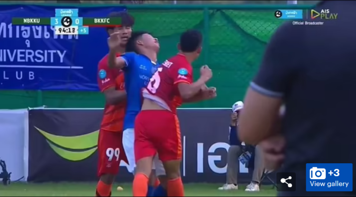 Bangkok player is sacked after attacking an opponent with a sickening Muay Thai elbow in the final minutes of a third division game, leaving him needing 24 stitches in hospital